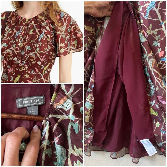 Whimsical Boho Bird Print Maxi Dress 4 Point Sur by J.Crew Burgundy - Picture 9 of 15